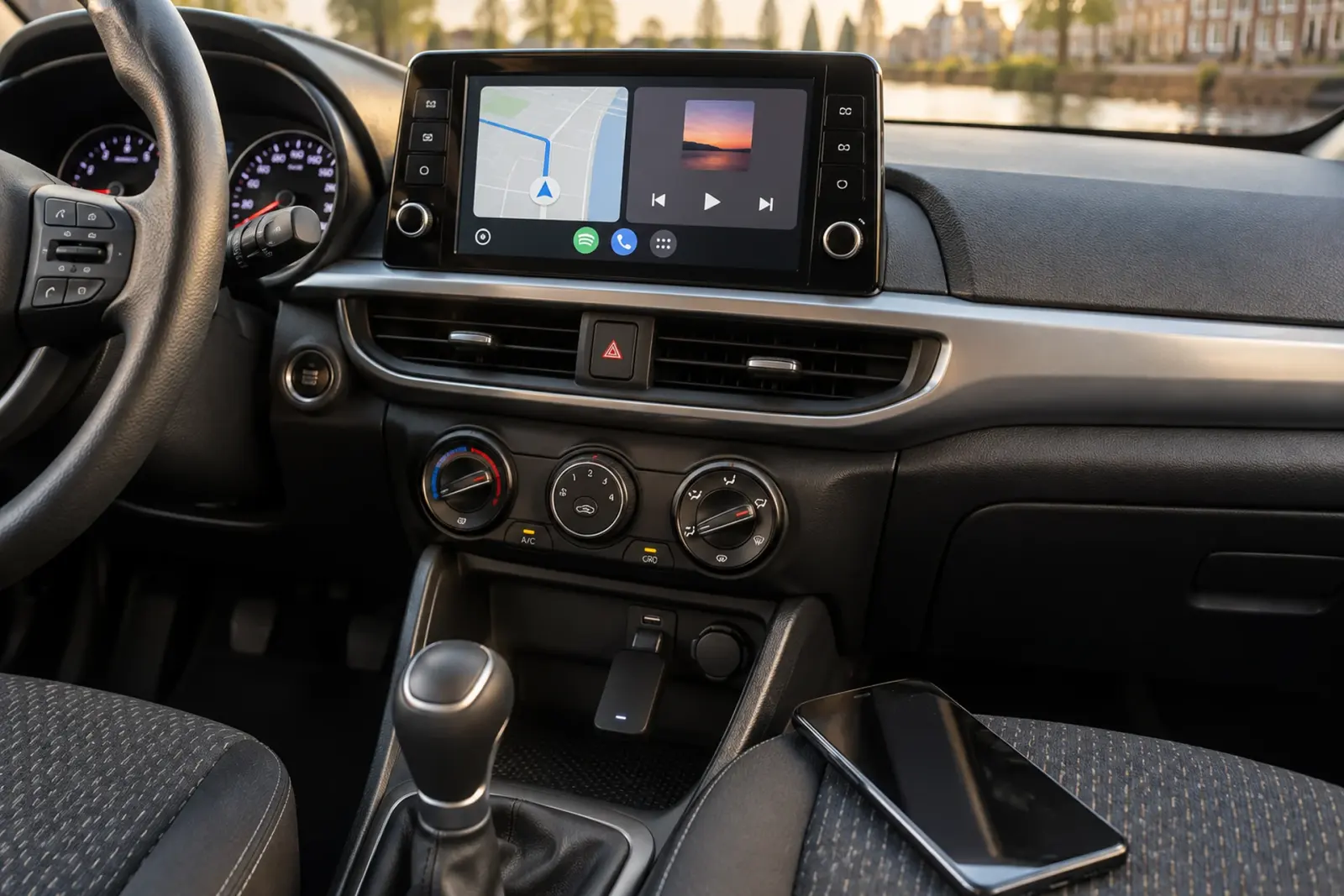 Draadloze Android Auto-adapter in de USB-poort van een Kia Ceed, besteld vanuit Zwolle