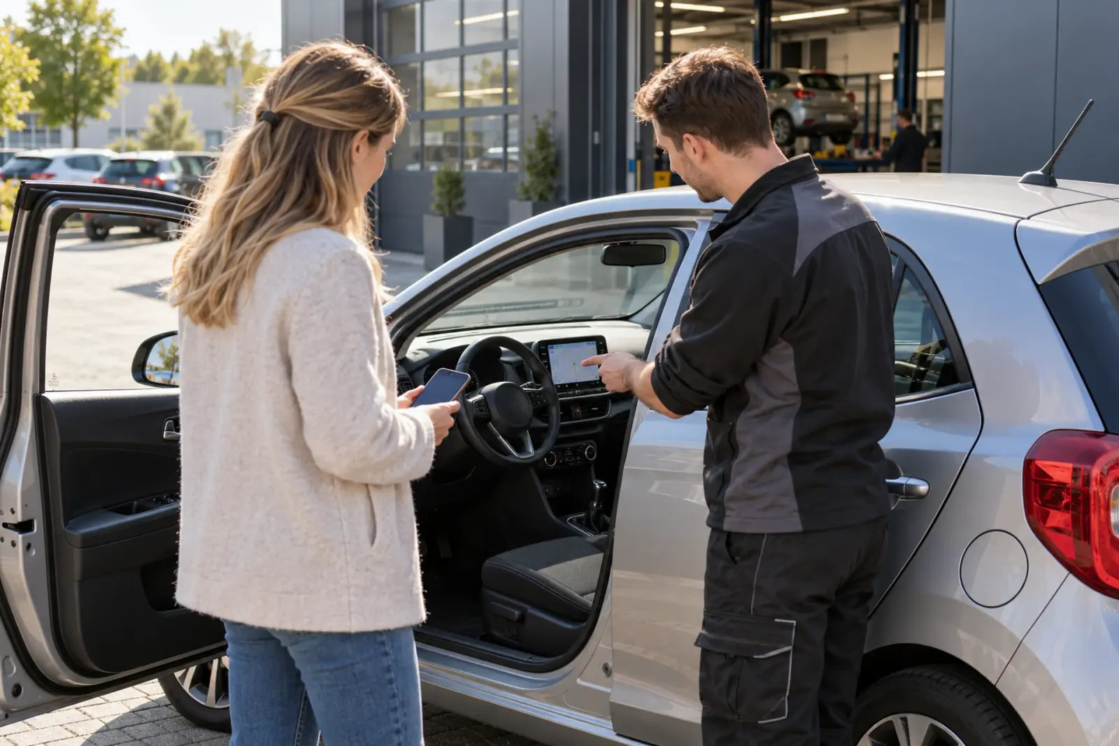 Monteur van de inbouwpartner legt een klant uit Zwolle de bediening van het nieuwe CarPlay-scherm uit