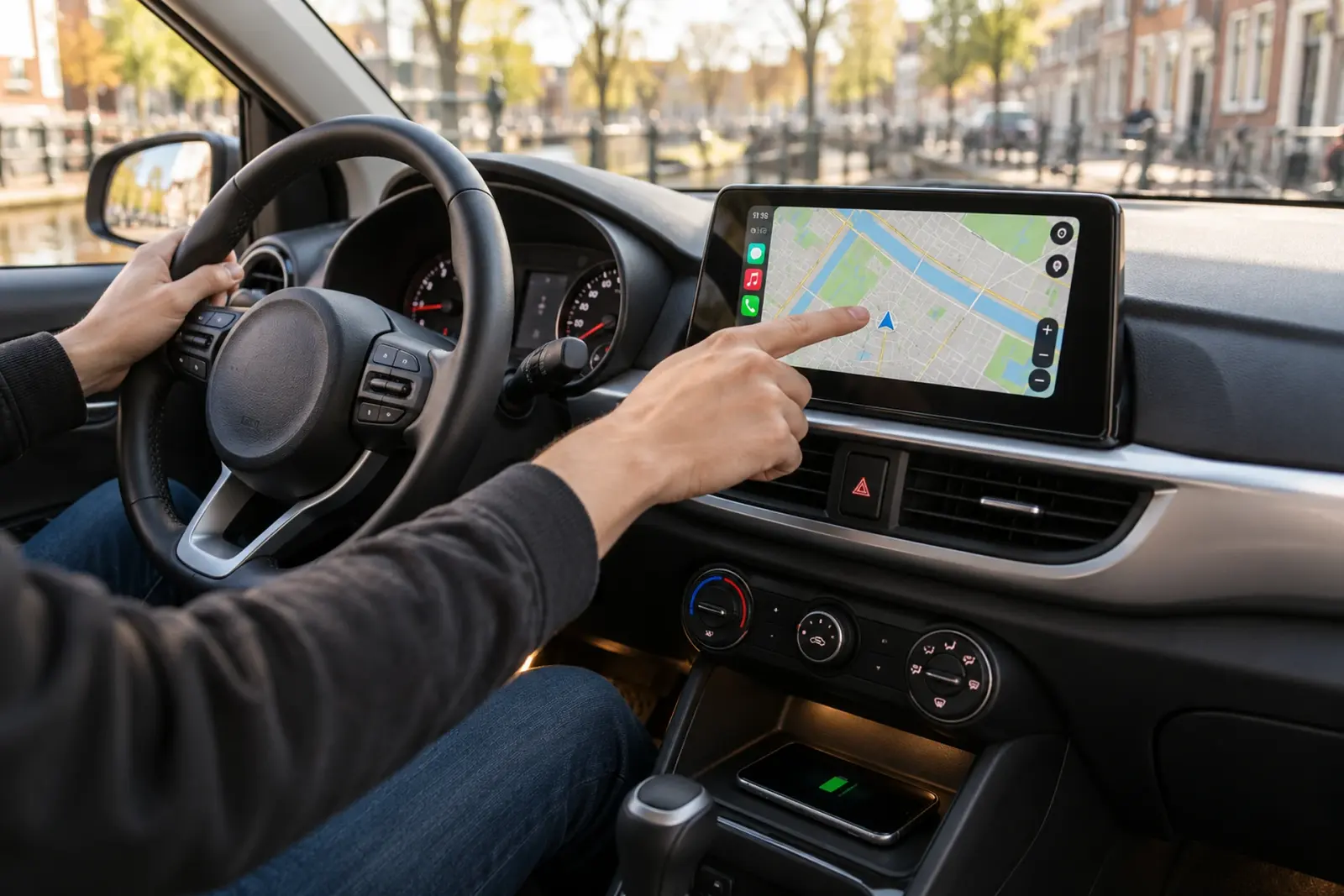 Navigatie op een ingebouwd CarPlay-scherm in een Kia Ceed van een bestuurder uit Zwolle