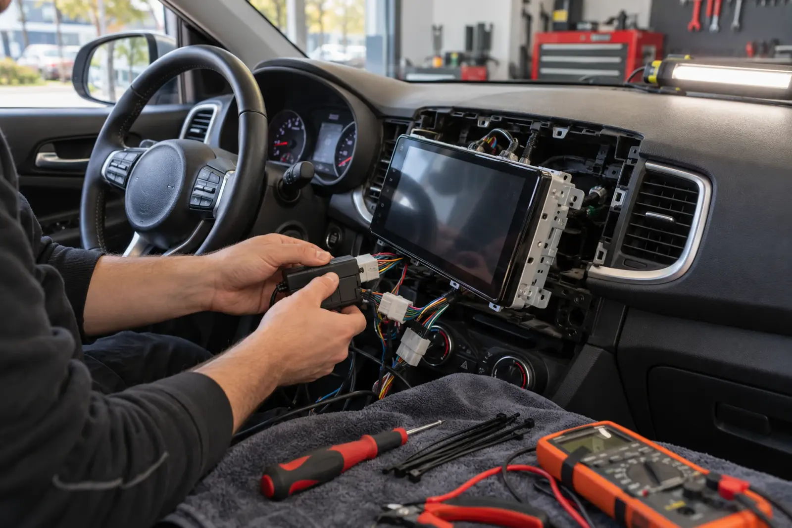 Stuurwielinterface wordt aangesloten bij het inbouwen van een CarPlay-scherm in een Kia Ceed uit Zwolle