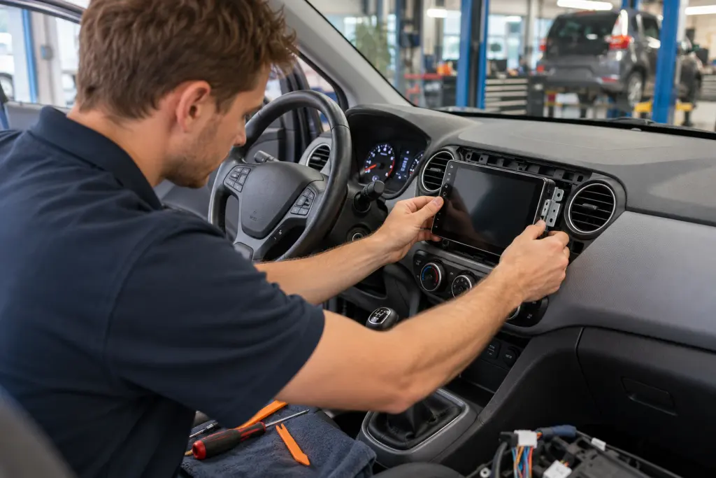 Monteur bouwt een CarPlay-scherm in het dashboard van een Audi A3 voor een automobilist uit Zwolle